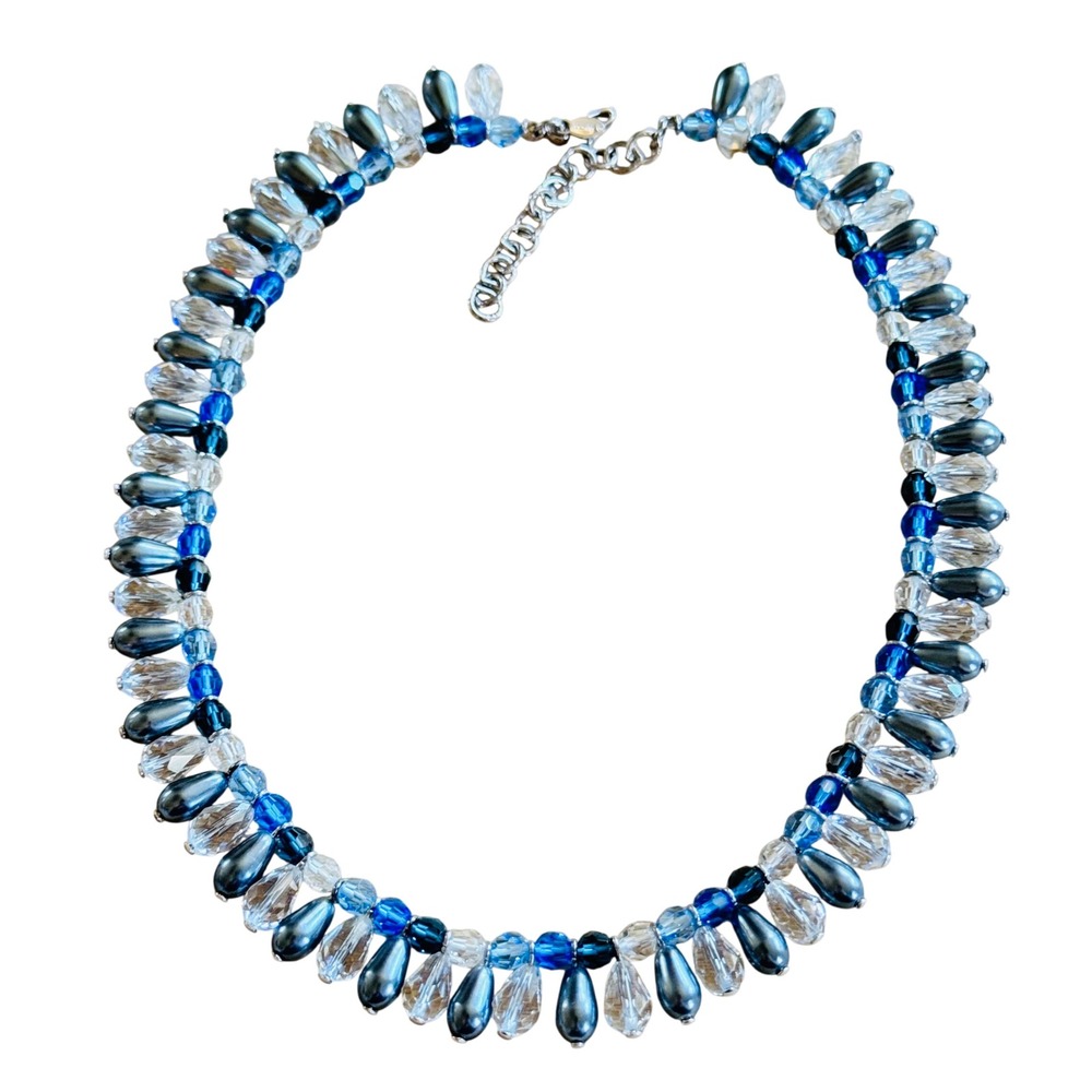 Monet Signed Choker Necklace VTG Crystal Blue Clear Pearl Elegant 90s Sparkly